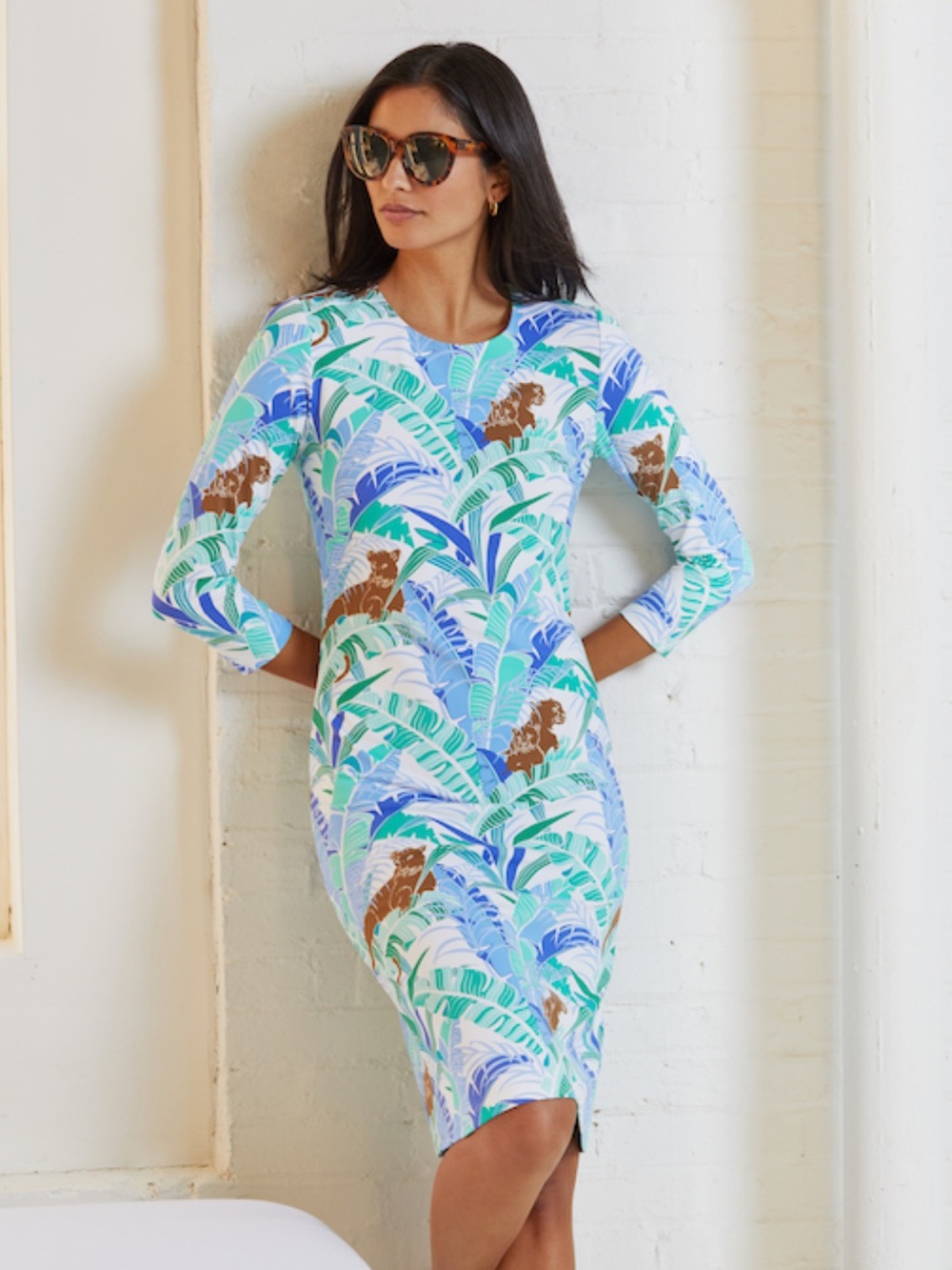 J. McLaughlin Limited Edition Safari Tropical Print Dress in Blue and Green